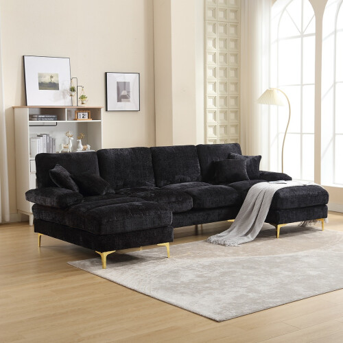 (Black) Sectional U-Shaped Chenille Fabric 6 Seater Sofa