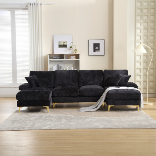 (Black) Sectional U-Shaped Chenille Fabric 6 Seater Sofa 2
