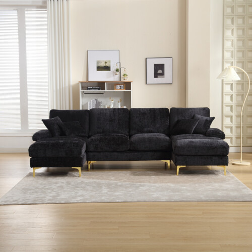 (Black) Sectional U-Shaped Chenille Fabric 6 Seater Sofa 1