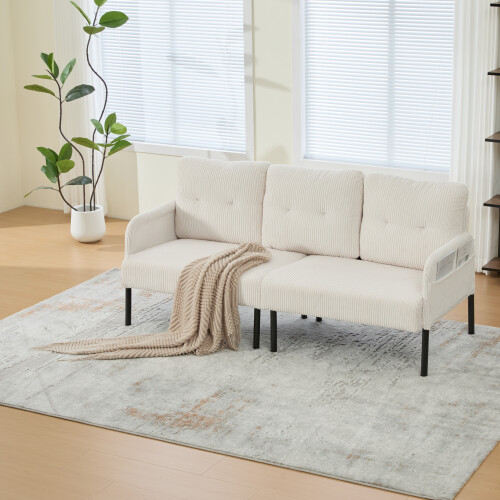 (Beige) Modern Upholstered 3-Seater Sofa with Side Pockets & Armrests