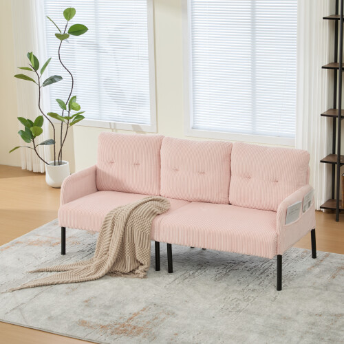 (Pink) Modern Upholstered 3-Seater Sofa with Side Pockets & Armrests