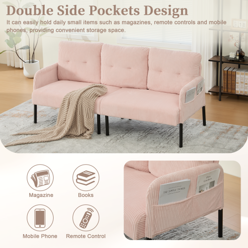 (Pink) Modern Upholstered 3-Seater Sofa with Side Pockets & Armrests 2