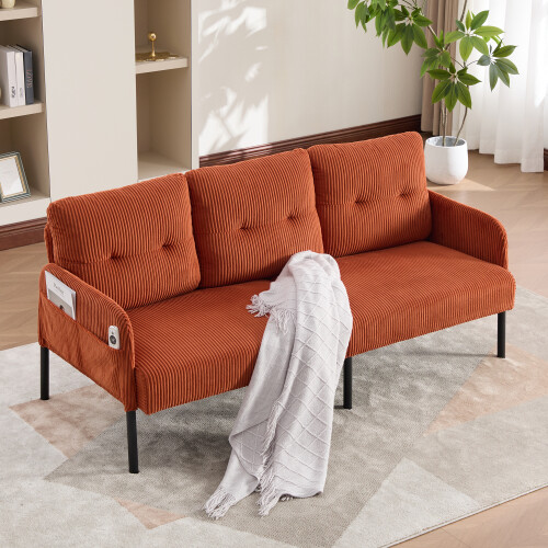 (Orange) Modern Upholstered 3-Seater Sofa with Side Pockets & Armrests 1