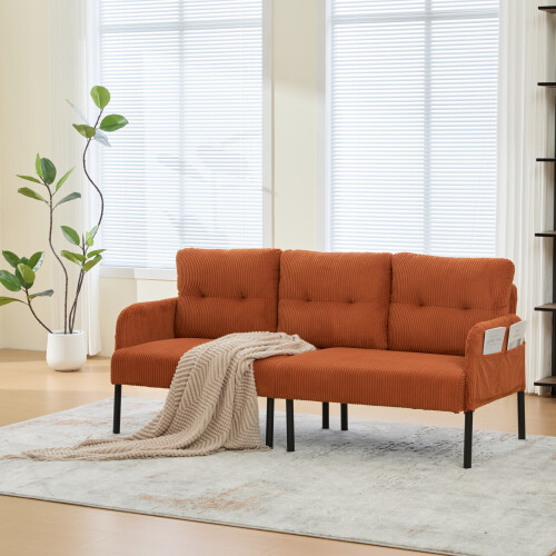 (Orange) Modern Upholstered 3-Seater Sofa with Side Pockets & Armrests