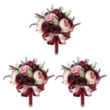 3X Borgogna Dusty Rosa Rose Bouquet - Champagne Blush Blooming Peonia con Eucalipto Reale Perfetto Matrimonio Sposa Fiori