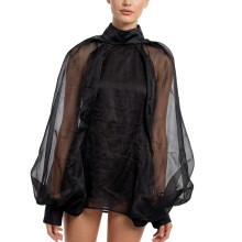 Quick Wear Mesh Overlay Having Theatrical Puffed Sleeves-Black