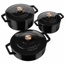 (Black) Cooks Professional Set of 3 Cast Iron Casserole | 20cm, 26cm and 28cm