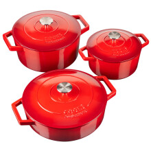 (Red) Cooks Professional Set of 3 Cast Iron Casserole | 20cm, 26cm and 28cm