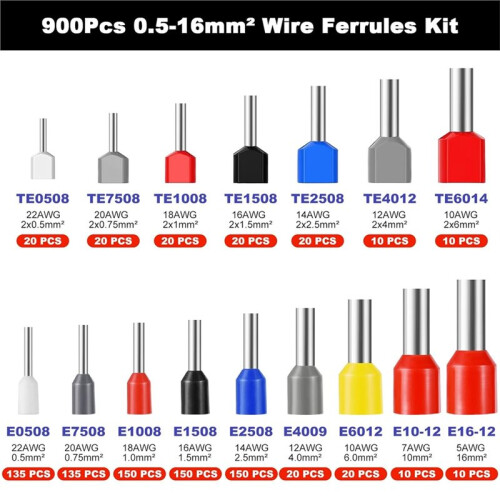 900pcs Wire End Ferrules Kit,Insulated Wire End Ferrules Assortment,Twin Wire End Ferrules and Single- Ferrules Set 1