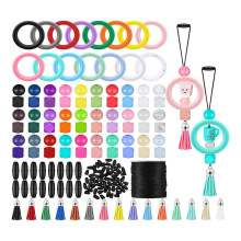 15 Sets Silicone Beaded Ring Making Kit,65mm Round Silicone Ring Silicone Beads Keychain Tassel for DIY Keychain Beads