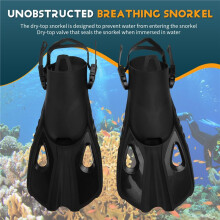 Snorkeluitrusting voor Volwassenen, Panoramische Snorkelset, Snorkelmasker, Droge Topsnorkel, Duikmasker en Vinnen, Zwart