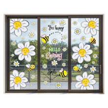 Adesivi per Finestre con Margherite Primaverili: Grandi Adesivi "Hello Spring" con Disegni di Api Felici per Decorare il Vetro.