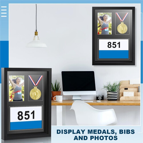 Medal Display Frame Shadow Box Medal and Photo Display Frame Case Award Storage Box for Runners 2