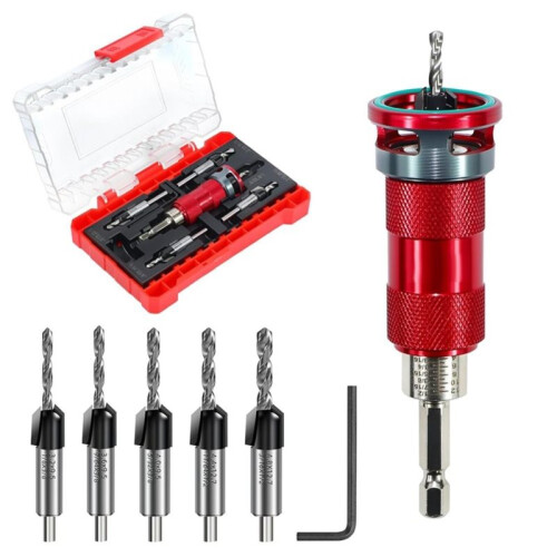 Quick-Adjust Countersink Drill Bit Set with Aluminum Stop Collar, 5 Replaceable HSS M2 Bits and A Wrench
