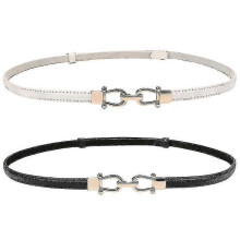(Black white) Leather Skinny Women Belt Thin Waist Belts With Golden Buckle 2 Pack