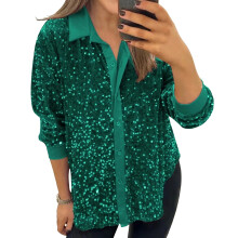 Women's Sequin Button Down Shirt Sparkle Collared-Green XXXL