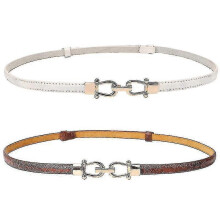 (Brown white) Leather Skinny Women Belt Thin Waist Belts With Golden Buckle 2 Pack
