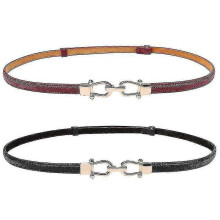 (Black red) Leather Skinny Women Belt Thin Waist Belts With Golden Buckle 2 Pack