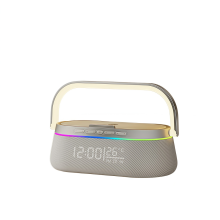Carregador Sem Fios e Coluna Bluetooth com Relógio e Luz Noturna Ambiente para Mesa