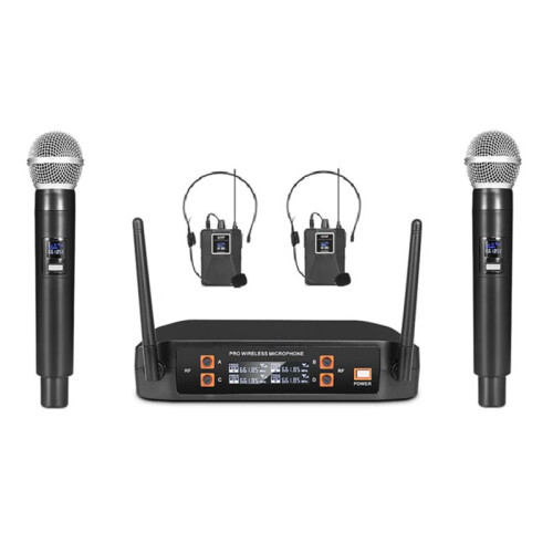 Wireless Microphone+Headsets Handheld 4 Channel UHF Fixed Frequency Dynamic Microphone System for Karaoke Band Church EU