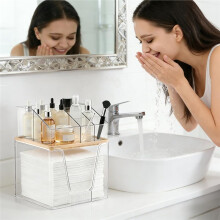 Porta Asciugamani Viso e Organizer per Cosmetici 2 In 1, Contenitore Trasparente con Coperchio In Bambù, Organizer da Bagno Impilabile A 2 Livelli
