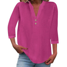 Women's cotton and linen shirt, solid color,-rose red XL
