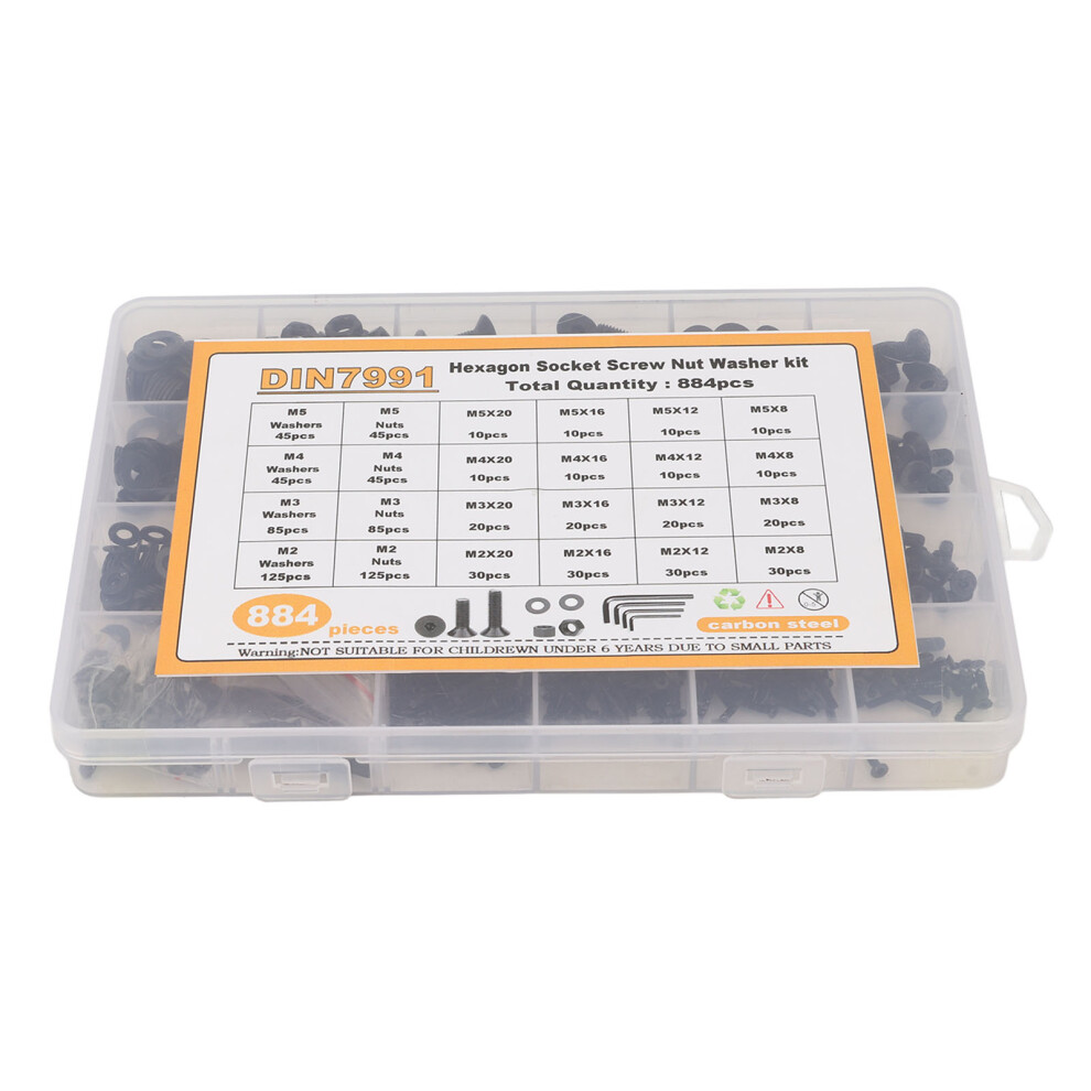 884Pcs M2 M3 M4 M5 Screw Kit Black