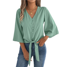 Damesblouse met V-Hals en Knoopsluiting, Chiffon, 3/4 Mouwen met Wijde Uiteinden en Strik, Casual, Losvallende Zomerblouse Mintgroen S