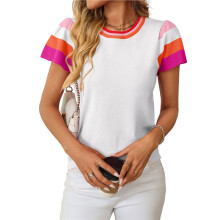 Dames Top met Kleurblokken, Casual Trui met Ronde Hals en Korte Mouwen, Gebreide Trui voor Strandvakantie Wit L