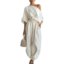 Damesjumpsuit van Linnen voor de Zomer: Casual, Lange Mouwen, Baggy Haremoveralls met V-Hals Wit L