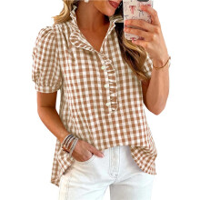 Dames Zomertopjes met Korte Mouwen, Gestreept, Geruit, met Ruches, V-Hals en Knoopsluiting, Casual Blouses Geruite Kaki Kleur S