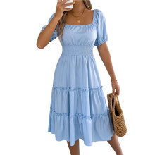 Dames Zomer Casual Midi-Jurk met Ruchesmouwen, Vierkante Hals en Smockwerk Lichtblauw L