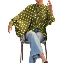 Damesblouse met Stippenprint, Strik aan de Voorkant, Doorschijnend, Pofmouwen en Elegante Losse Pasvorm Groen S