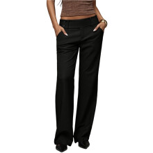 Damenhose mit Niedrigem Bund, Weitem Bein, Einfarbig, Geeignet für Beruf, Freizeit und Freizeit, mit Taschen Schwarz M