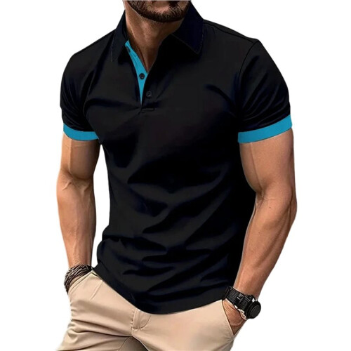 Camisas Masculinas de Golfe com Modelagem Regular e Tecido Elástico Preto & Azul. L