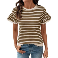 Dames Zomer Tops met Losse Pasvorm, Trendy Ribgebreide Gestreepte Shirts, Zakelijke Nette Casual Shirts Bruin S
