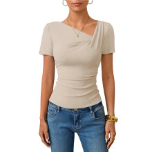 Women'S Summer Asymmetrical Y2K Tops Trendy Ribbed Short Sleeve Fitted Tee Shirts Khaki S