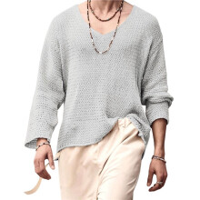 Mens Vintage Style Solid Color V Neck Long Sleeve Loose Fit Hollow Out Knit Sweater Pullover Top Gray L
