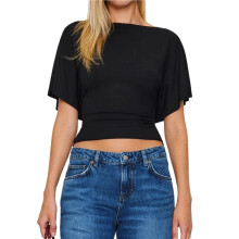 Dames Wikkelblouses, Casual T-Shirts met Korte Mouwen, Strik aan de Achterkant en Getailleerde Pasvorm, Trendy Blouse met Boothals Zwart M