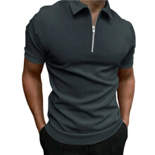 Herenoverhemd met Rits, Casual Gebreid T-Shirt met Korte Mouwen, Klassieke Pasvorm Donkergrijs M