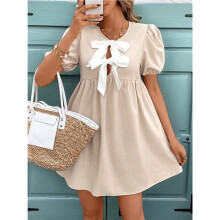 Dames Casual Zomer -Jurk met Pofmouwen, Strik aan de Voorkant, Hoge Taille en Peplum Abrikoos XL