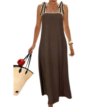 Dames Zomer Maxi-Jurk van Linnen met Contrasterende Spaghettibandjes, Open Rug, Casual Feestjurk voor op Het Strand Donkerbruin XL