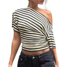 Vintage Y2K Off-Shoulder Crop Top voor Dames met Strepen en Taille-Accentuering, Geschikt voor Casual Gelegenheden en een Avondje Uit Abrikooskleur L