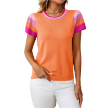 Dames Top met Kleurblokken, Casual Trui met Ronde Hals en Korte Mouwen, Gebreide Trui voor Strandvakantie Oranje XL