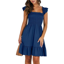Dames Zomerjurk Zonder Mouwen, Vierkante Hals, Geplooide Ruches, Open Rug, Boho Strandjurk, Kort Model Marineblauw L