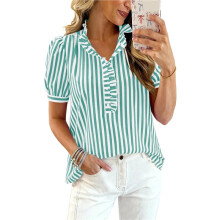 Dames Zomerblouses met Korte Pofmouwen, Gestreept, Geruit, met Ruches, V-Hals en Knoopsluiting Felgroen M