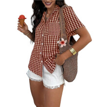 Damesblouse met Korte Mouwen, Ginghamprint, Reverskraag en Knoopsluiting, Zomerhemd Rood XL