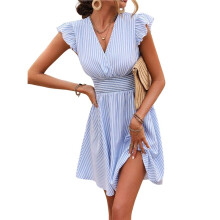 Dames Zomerjurk met Strepen, Ruches, V-Hals, A-Lijn, Zwierige -Jurk voor op Het Strand Blauw XL