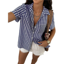 Damenbluse mit Kurzen Ärmeln, Kariertem -Karo, Knopfleiste und Reverskragen - Sommerbluse Blau und Weiß XL