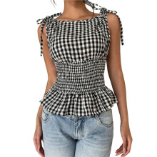 Dames Vintage Geruite Romantische Top met Strik Bij de Hals en Ruches aan de Zoom, Nauwsluitende Pasvorm, Y2K-Stijl Grijs S